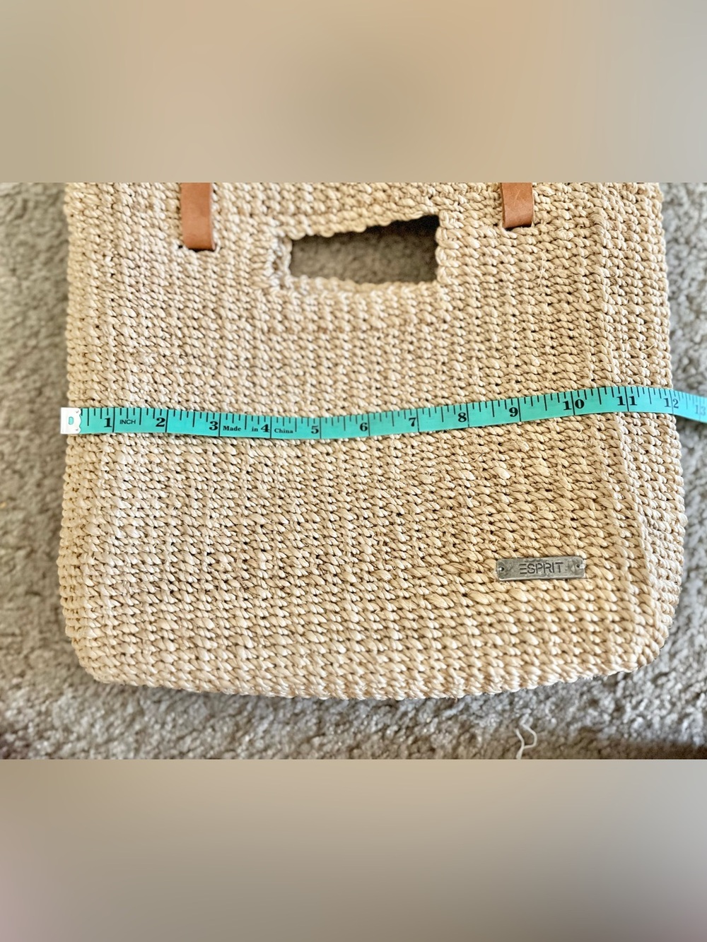 Vintage Esprit Natural Woven Backpack Tote with Tan Leather Straps - Picture 9 of 10
